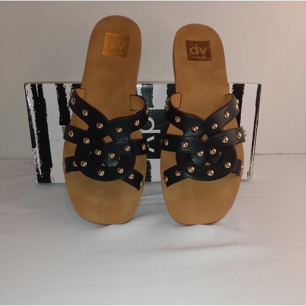 Dolce Vita Size 9 Studded Black Strappy Sandals Slides Flats Shoes - Picture 2 of 4